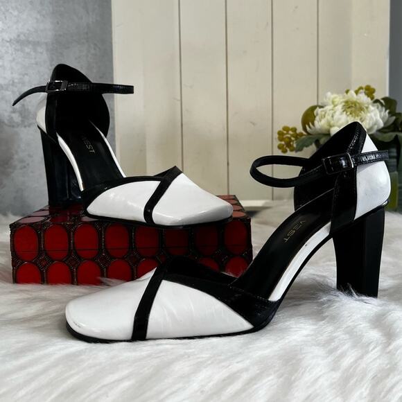 NEW Nine West Leather Two Tone Retro Colorblock Ankle Strap High Heel Pumps 5.5 - Picture 4 of 13